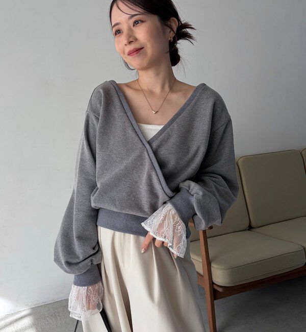  「【前後2WAY】カシュクール袖レーススウェット」|Tシャツ・カットソー|グレー