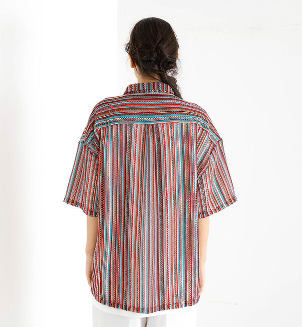 ABAHOUSE「【Revo./レボ】透かし編みニットオープンカラーストライプ半端袖シャツ」|シャツ・ブラウス|