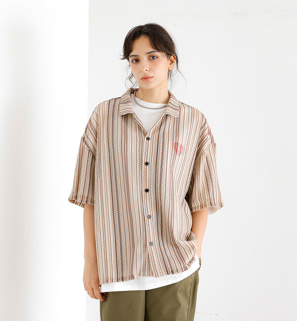 ABAHOUSE「【Revo./レボ】透かし編みニットオープンカラーストライプ半端袖シャツ」|シャツ・ブラウス|モカ