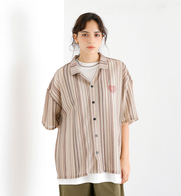 ABAHOUSE「【Revo./レボ】透かし編みニットオープンカラーストライプ半端袖シャツ」|シャツ・ブラウス|