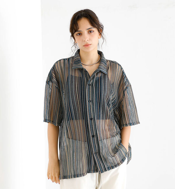 ABAHOUSE「【Revo./レボ】透かし編みニットオープンカラーストライプ半端袖シャツ」|シャツ・ブラウス|カーキ