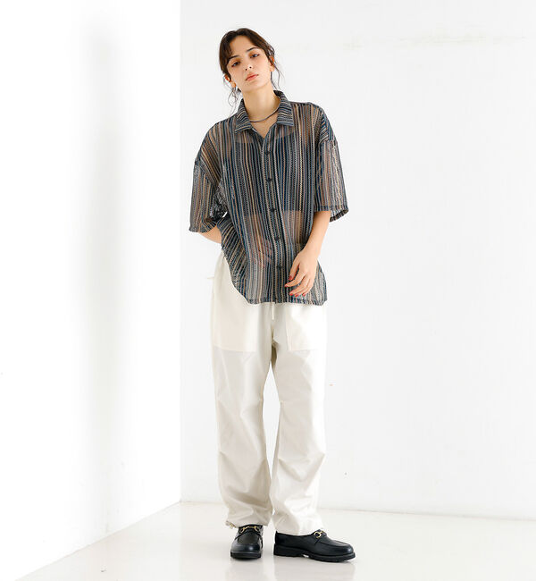 ABAHOUSE「【Revo./レボ】透かし編みニットオープンカラーストライプ半端袖シャツ」|シャツ・ブラウス|