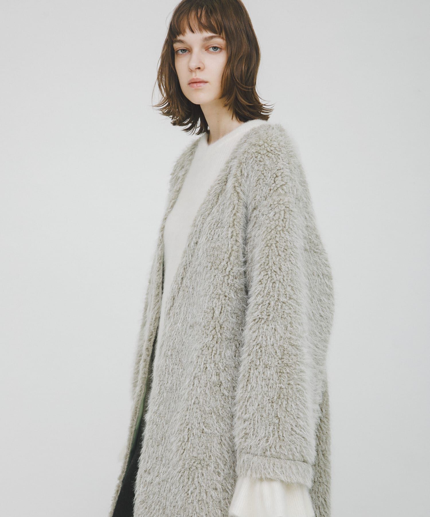 LAATO「long boa coat」|ノーカラーコート|