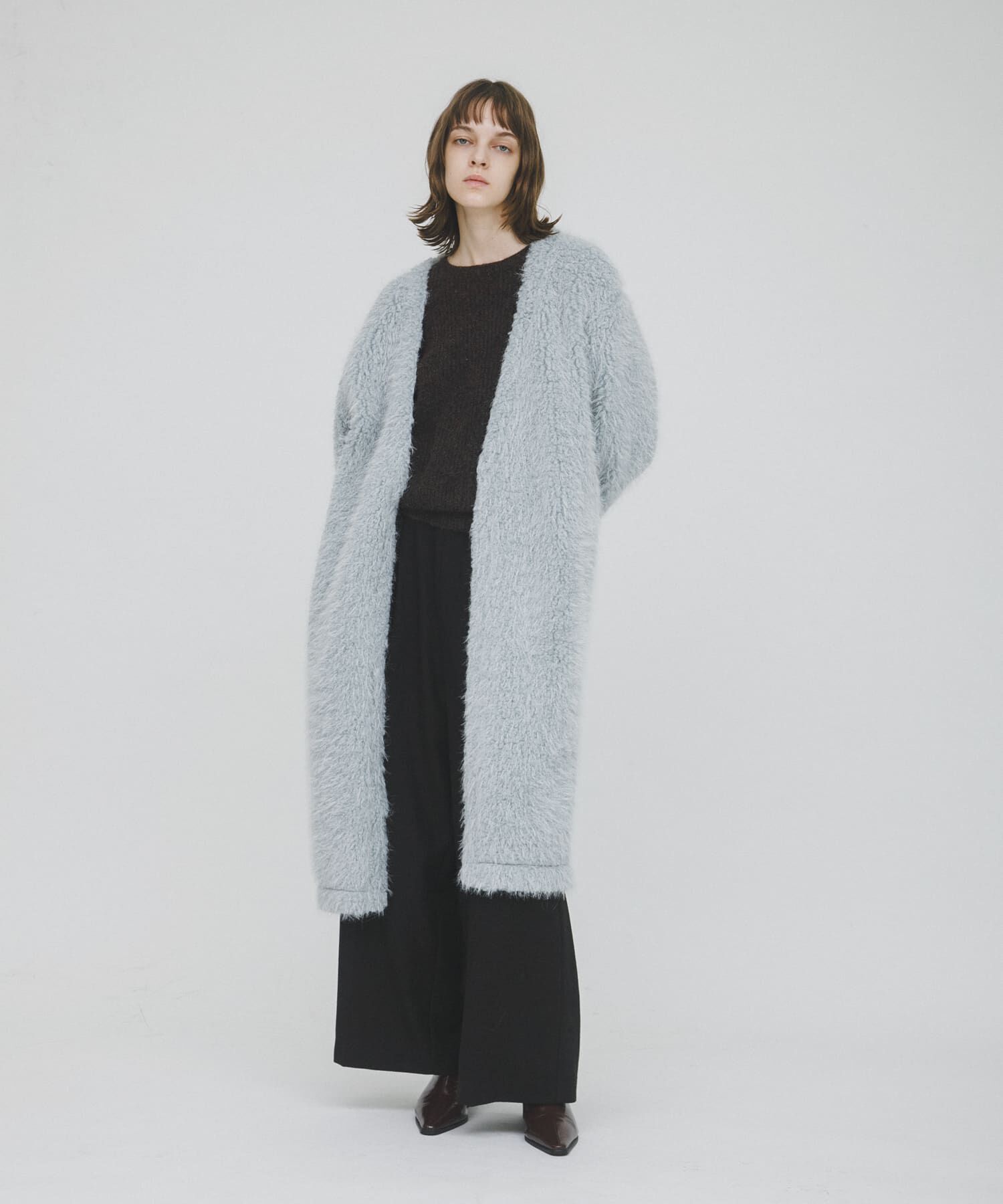 LAATO「long boa coat」|ノーカラーコート|