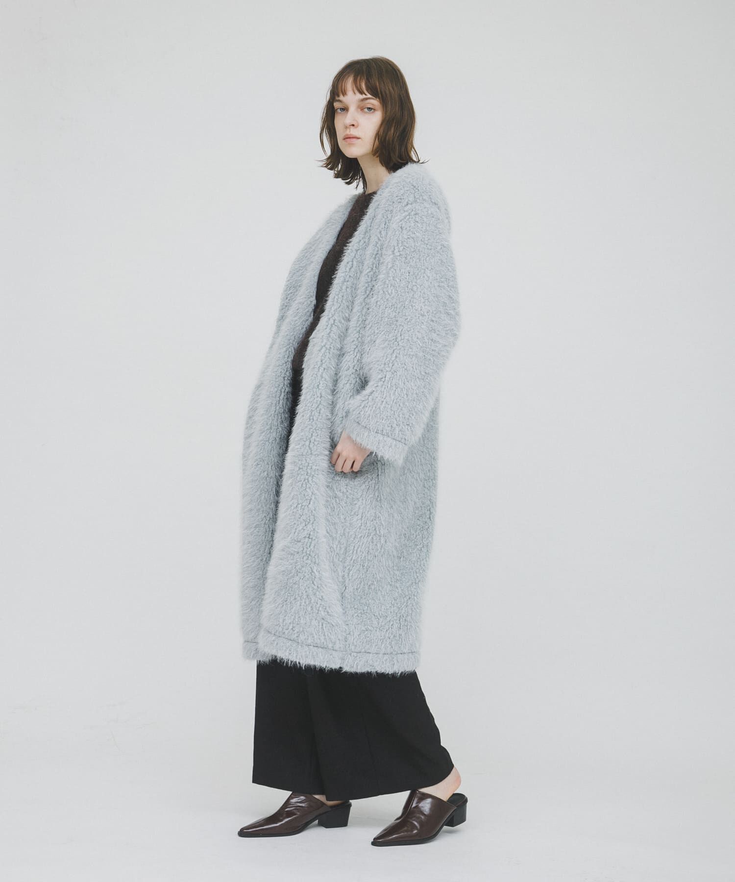LAATO「long boa coat」|ノーカラーコート|