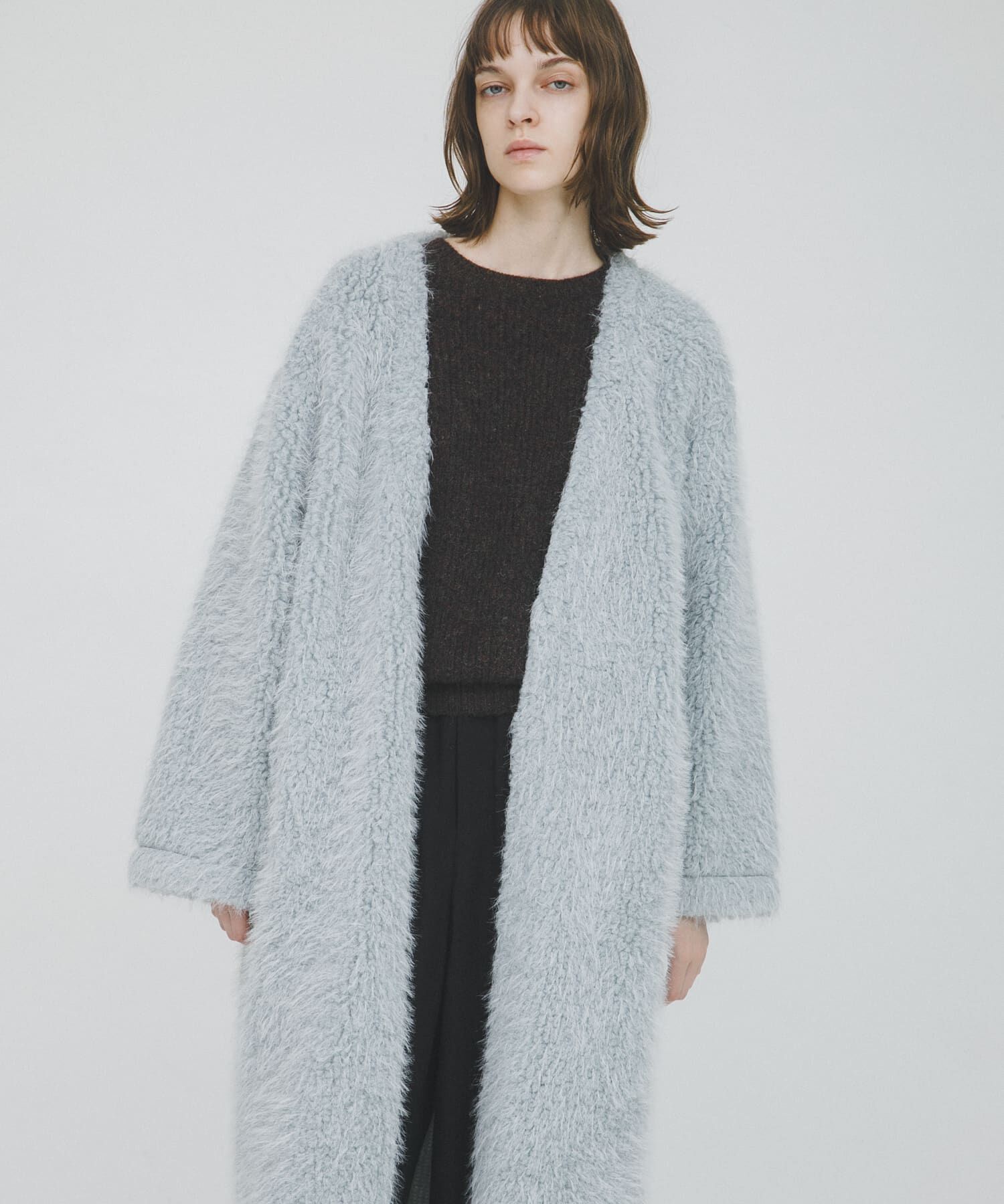 LAATO「long boa coat」|ノーカラーコート|