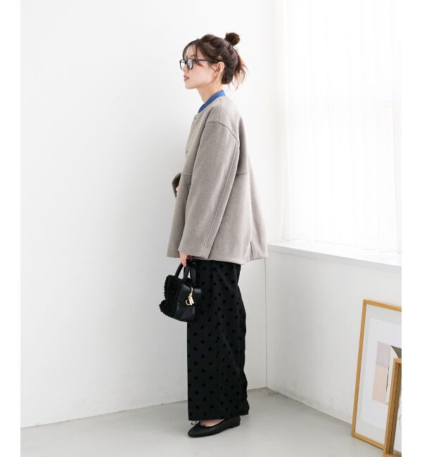  「ニットビーバーノーカラーミドルコート」|ノーカラーコート|