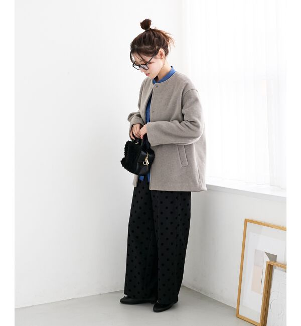  「ニットビーバーノーカラーミドルコート」|ノーカラーコート|