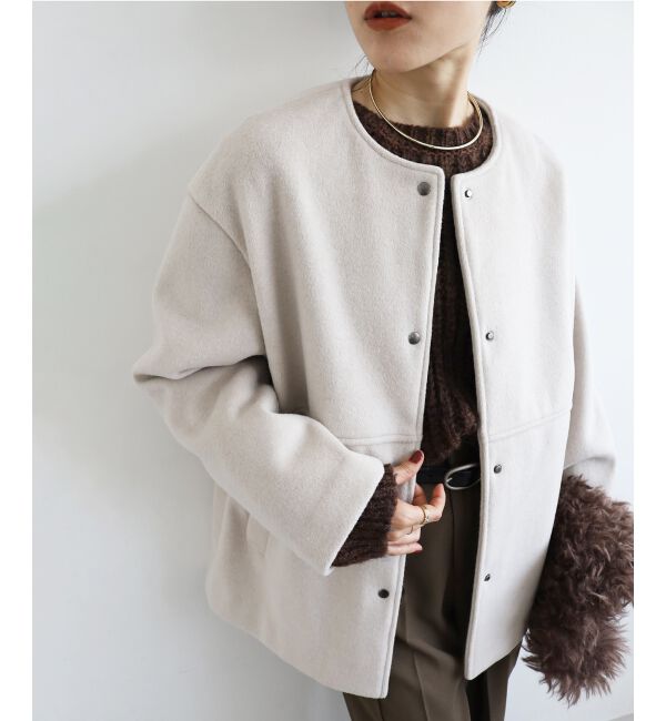 「ニットビーバーノーカラーミドルコート」|ノーカラーコート|