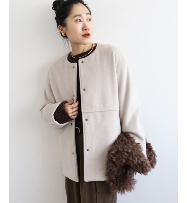 「ニットビーバーノーカラーミドルコート」|ノーカラーコート|