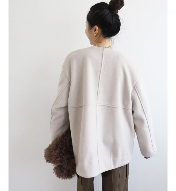  「ニットビーバーノーカラーミドルコート」|ノーカラーコート|