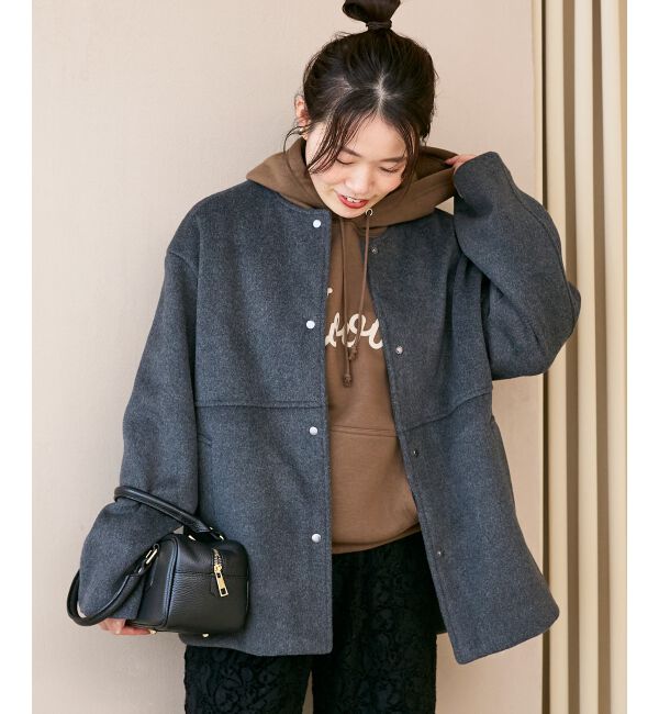  「ニットビーバーノーカラーミドルコート」|ノーカラーコート|