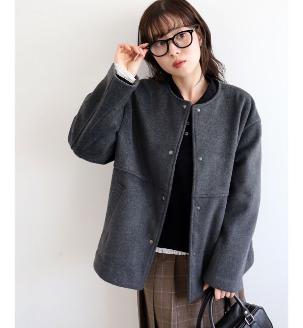  「ニットビーバーノーカラーミドルコート」|ノーカラーコート|