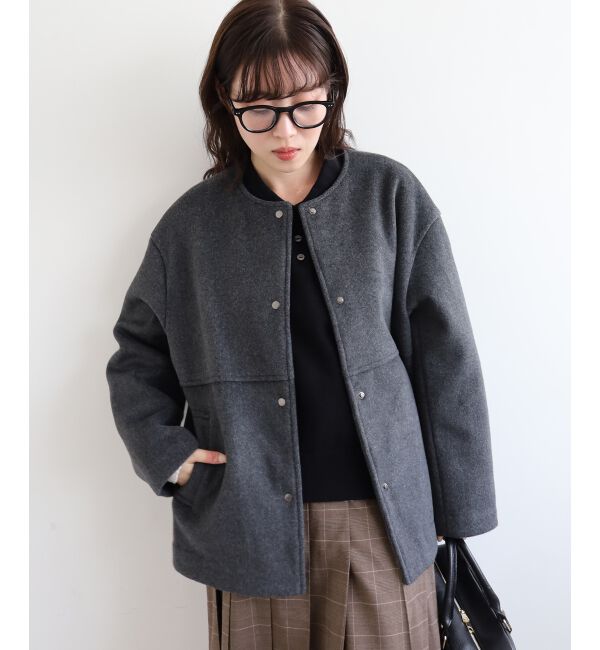  「ニットビーバーノーカラーミドルコート」|ノーカラーコート|