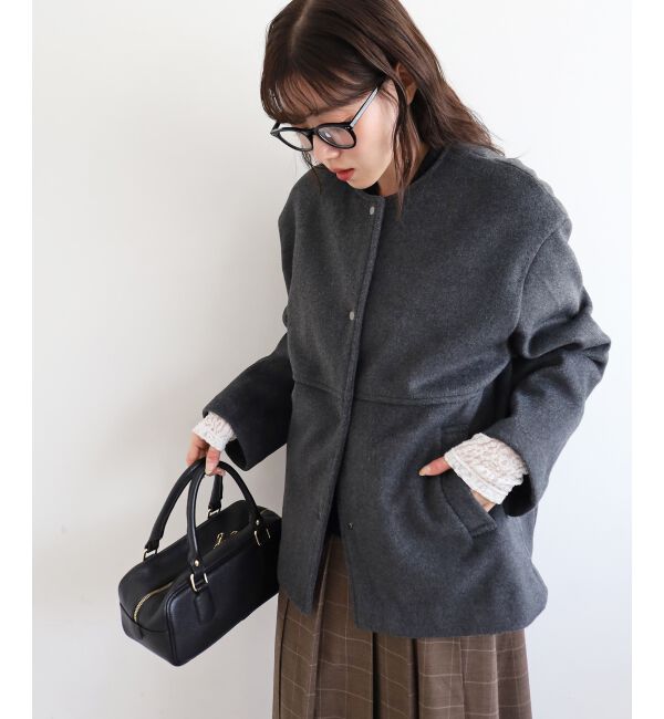  「ニットビーバーノーカラーミドルコート」|ノーカラーコート|