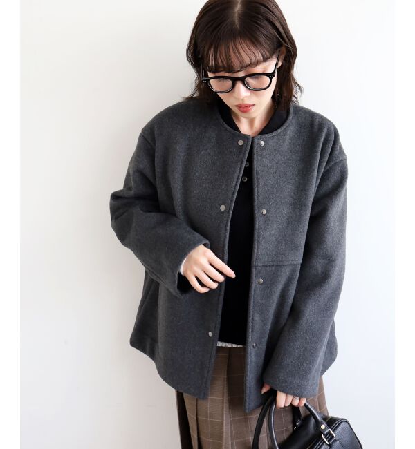  「ニットビーバーノーカラーミドルコート」|ノーカラーコート|