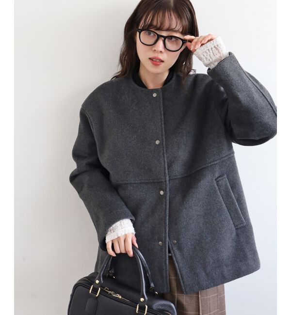  「ニットビーバーノーカラーミドルコート」|ノーカラーコート|