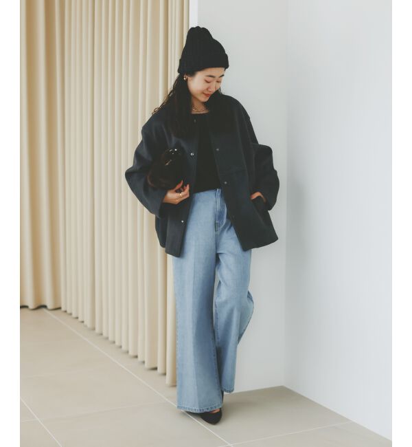  「ニットビーバーノーカラーミドルコート」|ノーカラーコート|