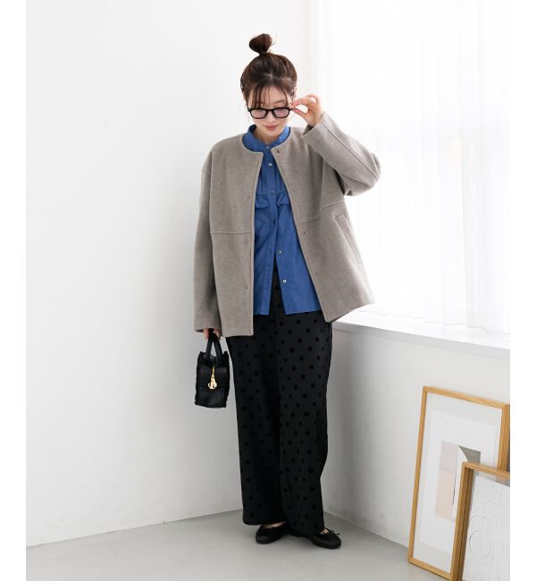  「ニットビーバーノーカラーミドルコート」|ノーカラーコート|