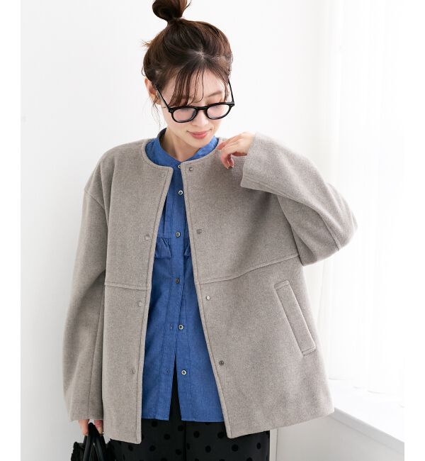  「ニットビーバーノーカラーミドルコート」|ノーカラーコート|モカ