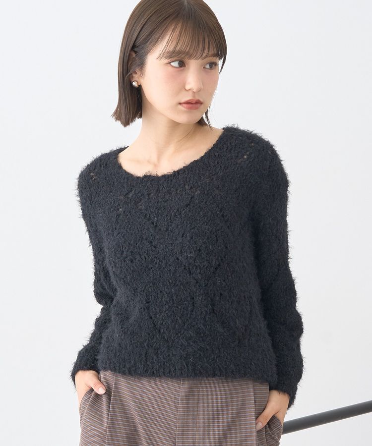 earth music&ecology「シャギーミックス透かしハート柄ニット」|ニット・セーター|Black