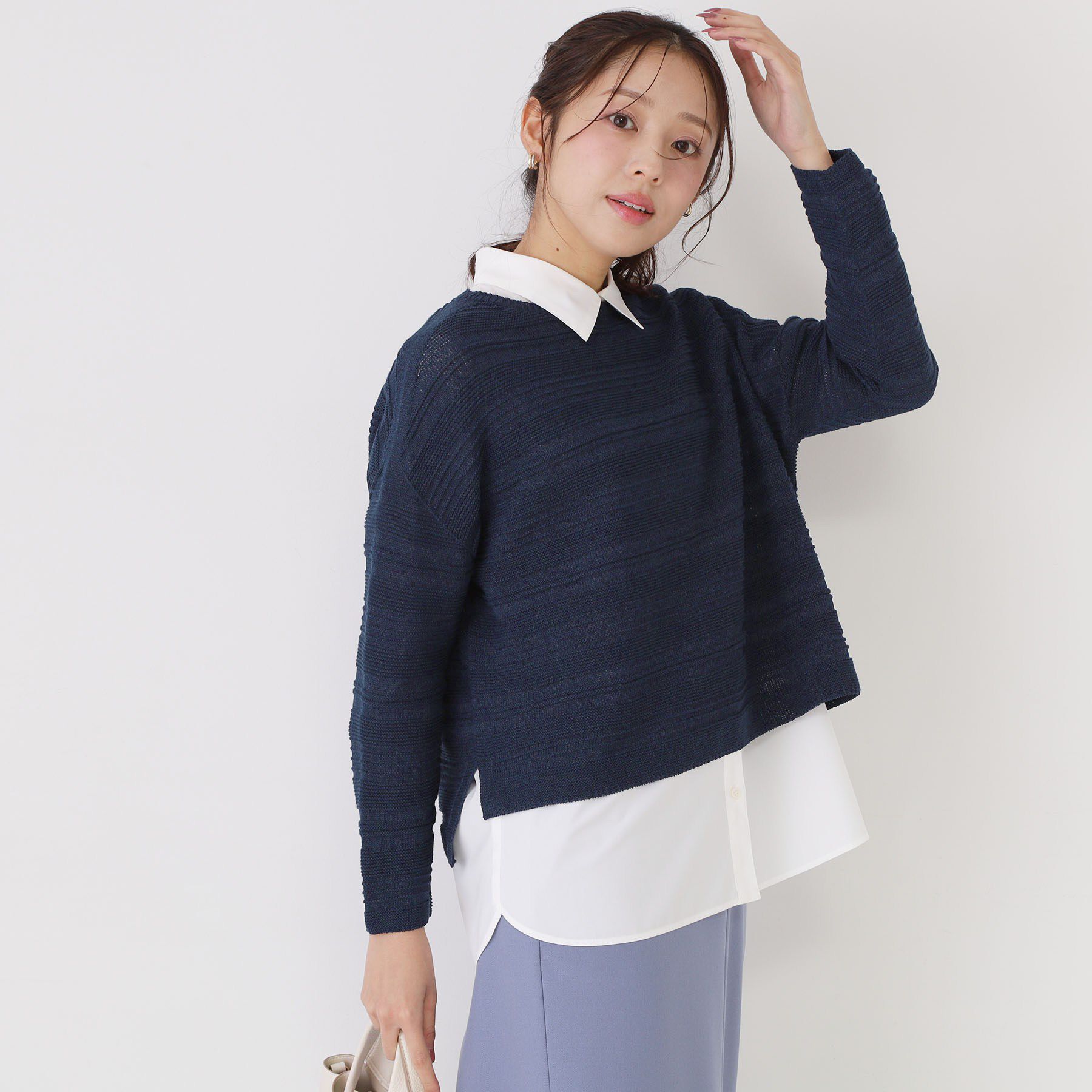 COUP DE CHANCE「【手洗い可／日本製／無縫製／和紙使用】地柄ボーダーのニットトップス」|ニット・セーター|ネイビー(094)