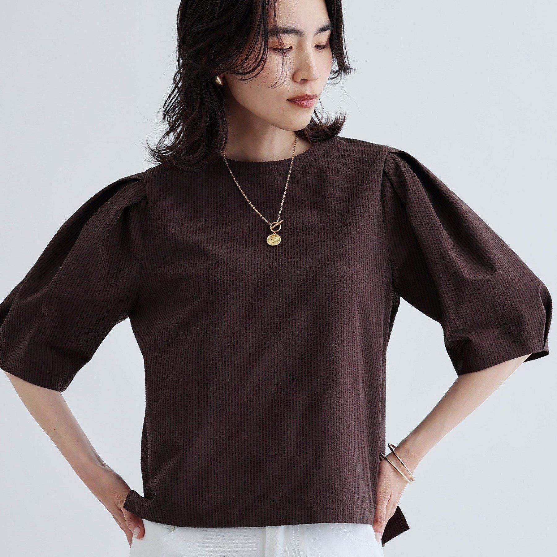 GALLEST「【セットアップ可能】ストライプサッカーブラウス」|シャツ・ブラウス|