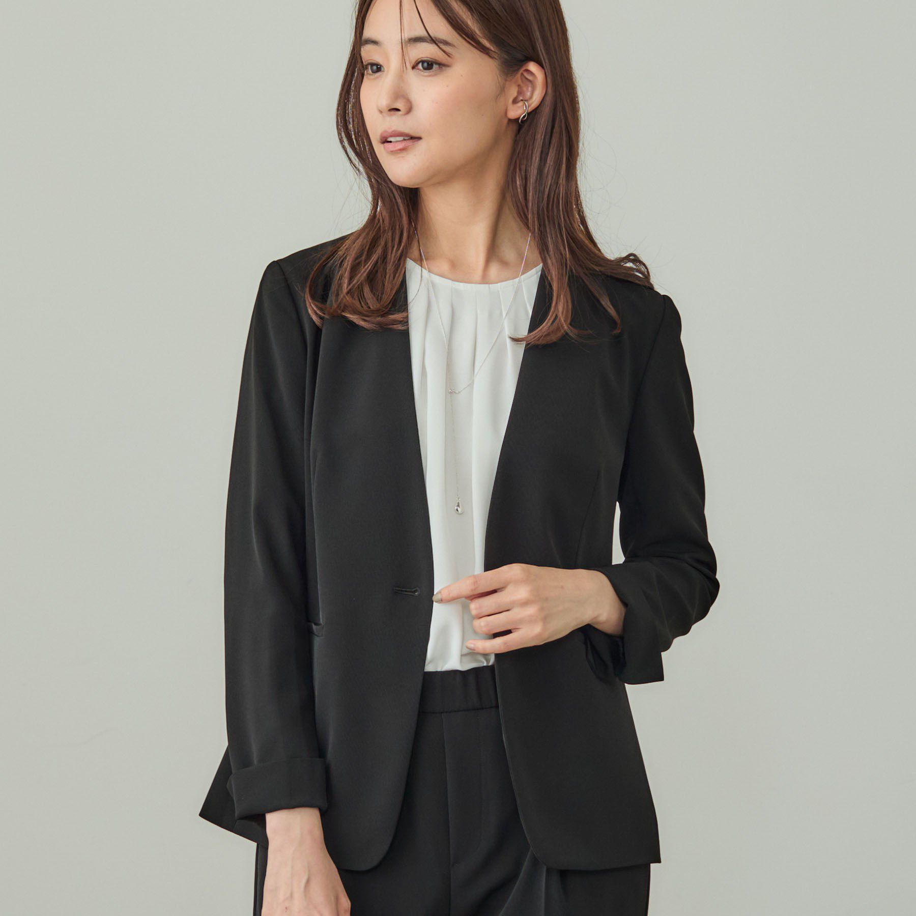 INDIVI「【洗える／UVケア】ストレッチノーカラージャケット」|スーツ|ブラック(019)