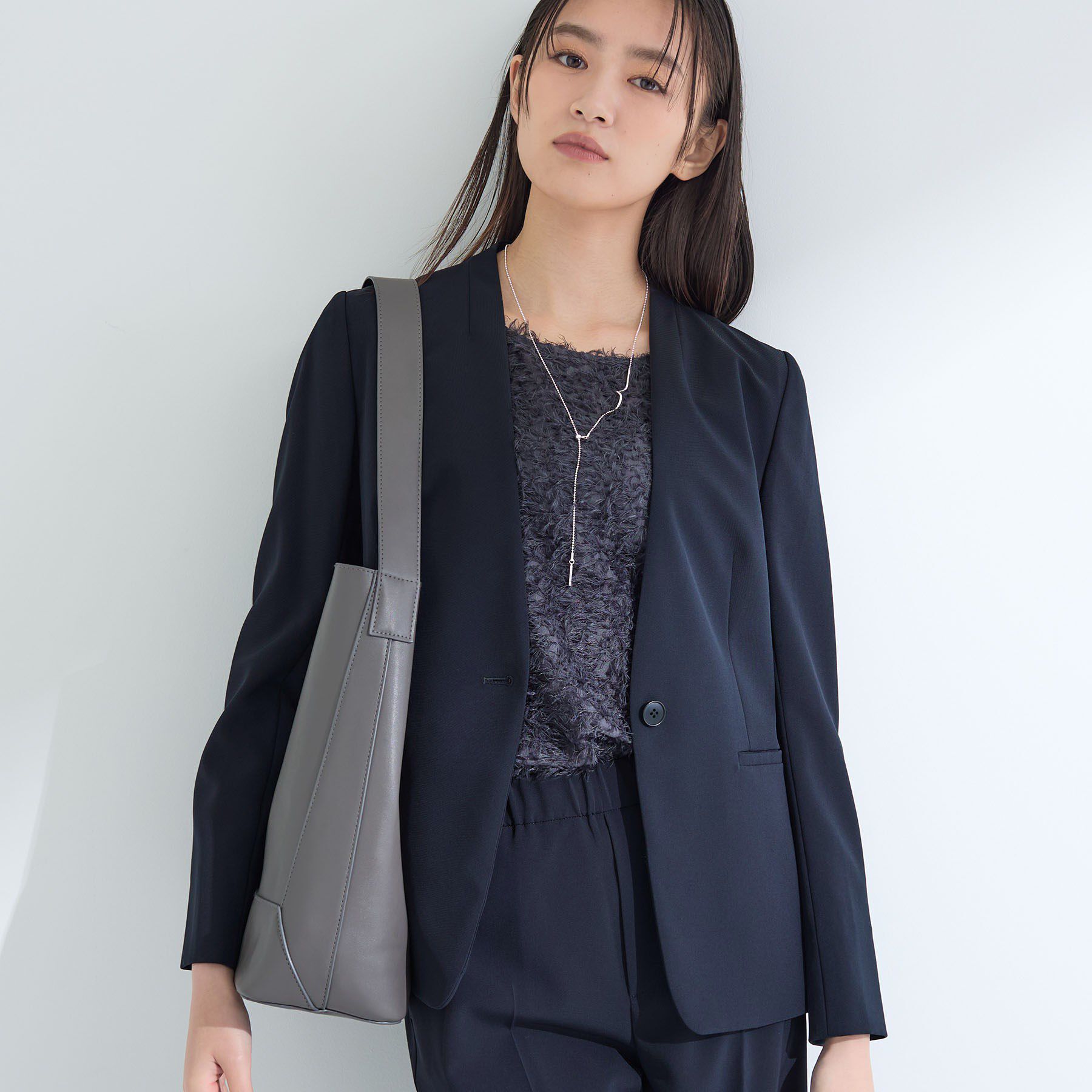 INDIVI「【洗える／UVケア】ストレッチノーカラージャケット」|スーツ|ネイビー(094)