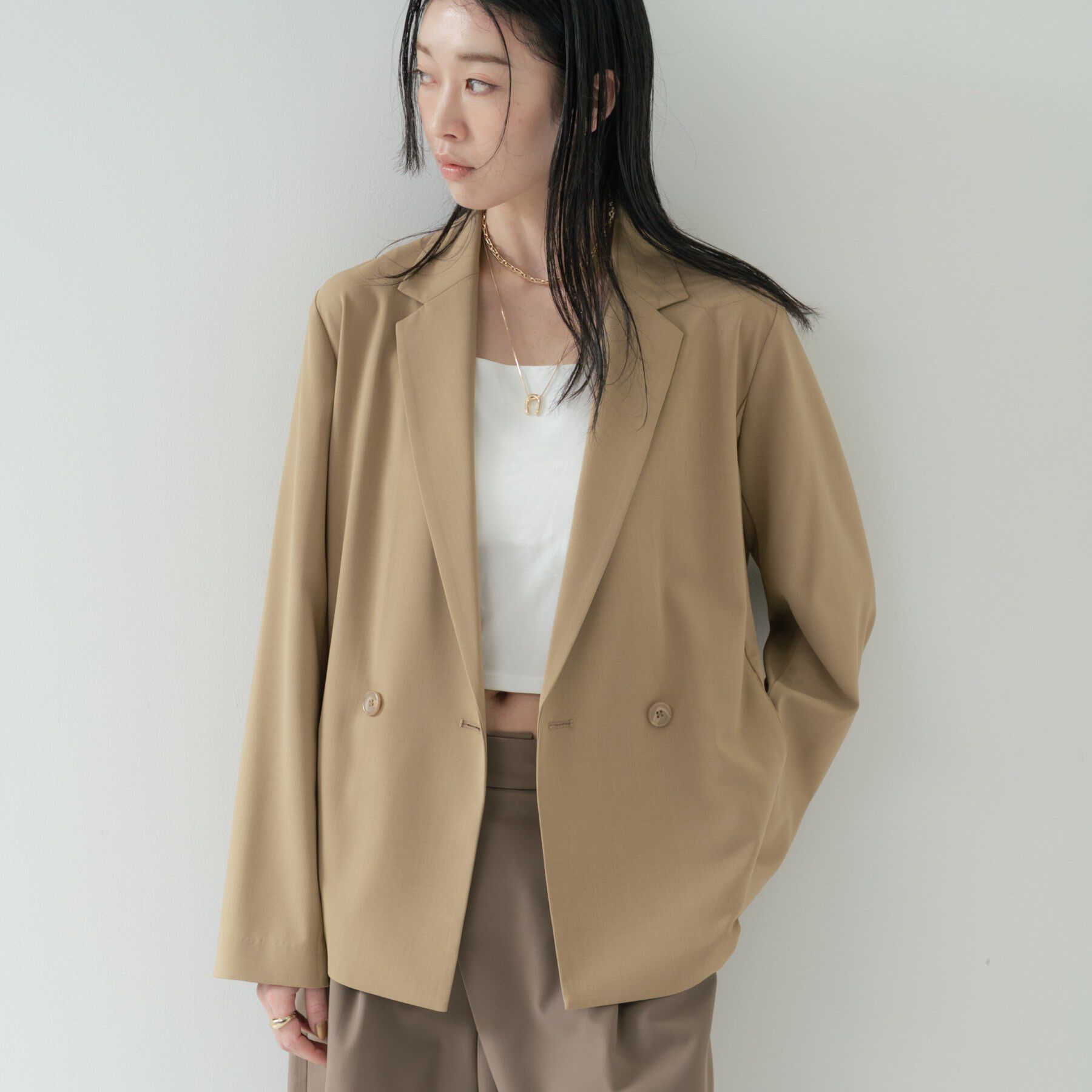 GALLEST「Comfy SET UP｜ダブルブレストイージージャケット【セットアップ対応／通勤／カセット服】」|テーラードジャケット|キャメルブラウン(0