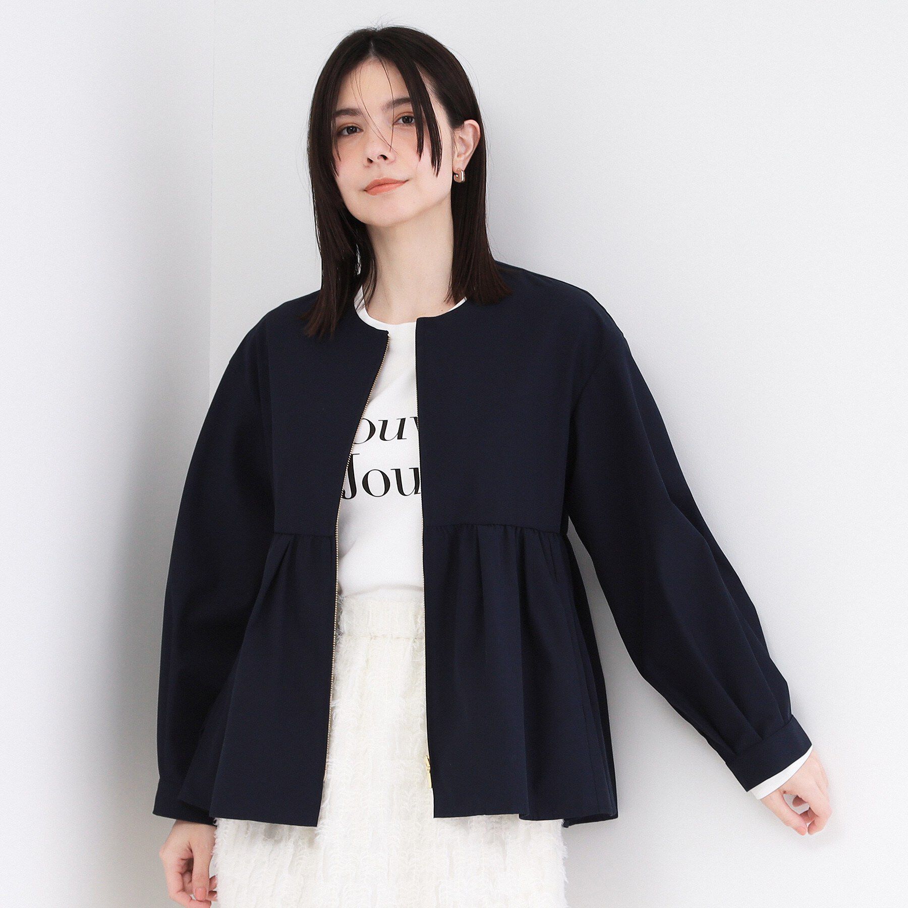 OPAQUE.CLIP「撥水ノーカラーペプラムブルゾン【洗濯機OK/抗ピル】」|ブルゾン・スタジャン|ネイビー(094)