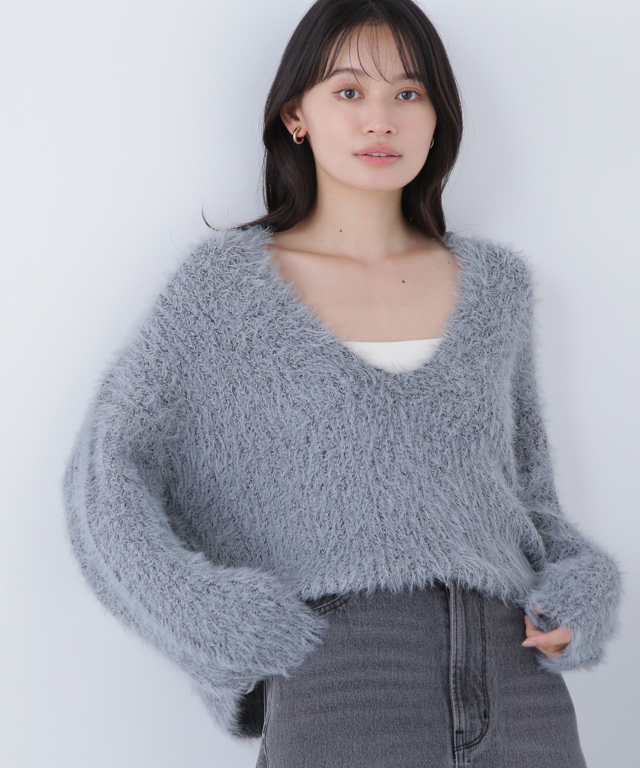  「キーネックシャギーラメニット」|ニット・セーター|ブルーグレー