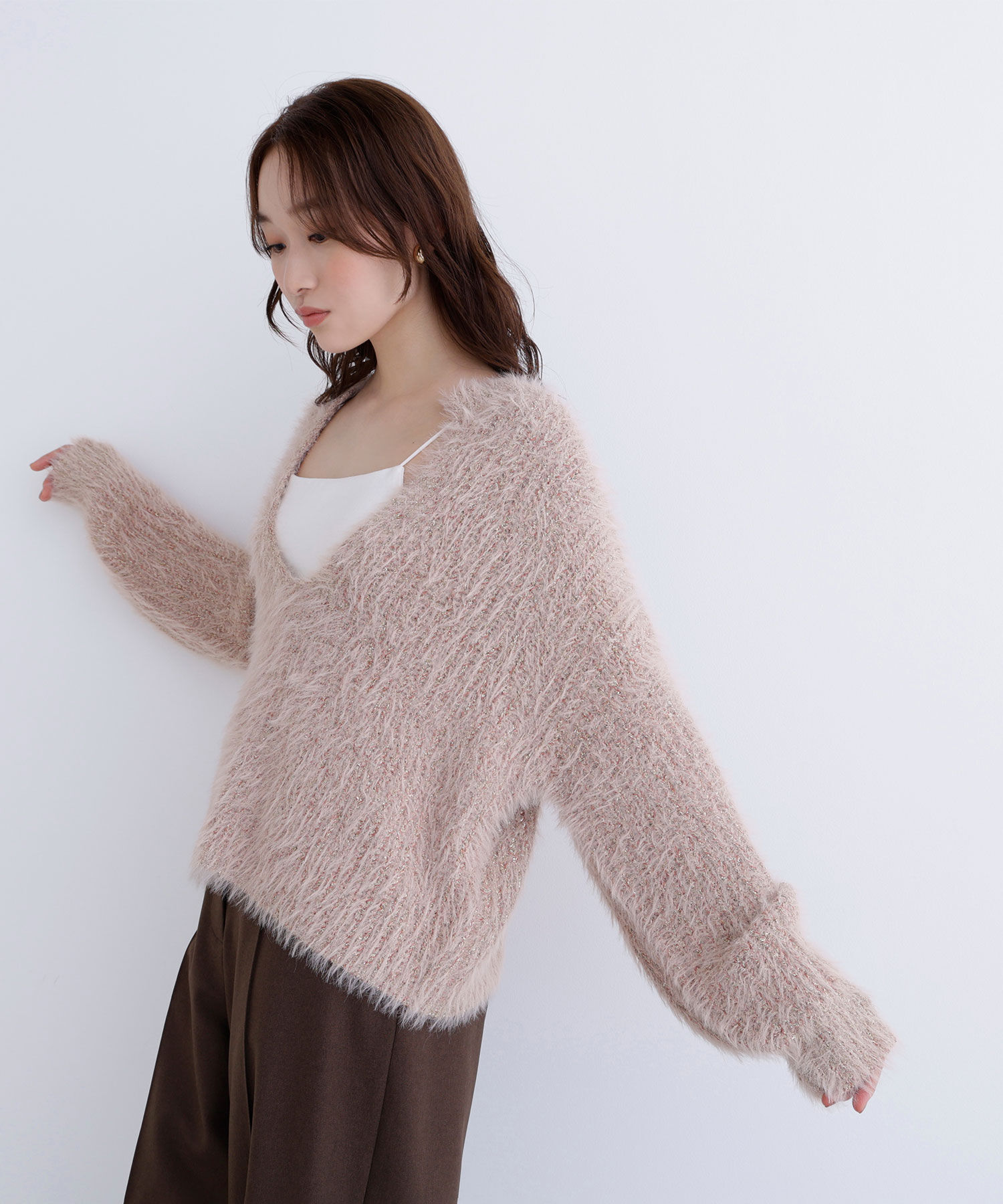  「キーネックシャギーラメニット」|ニット・セーター|ピンク