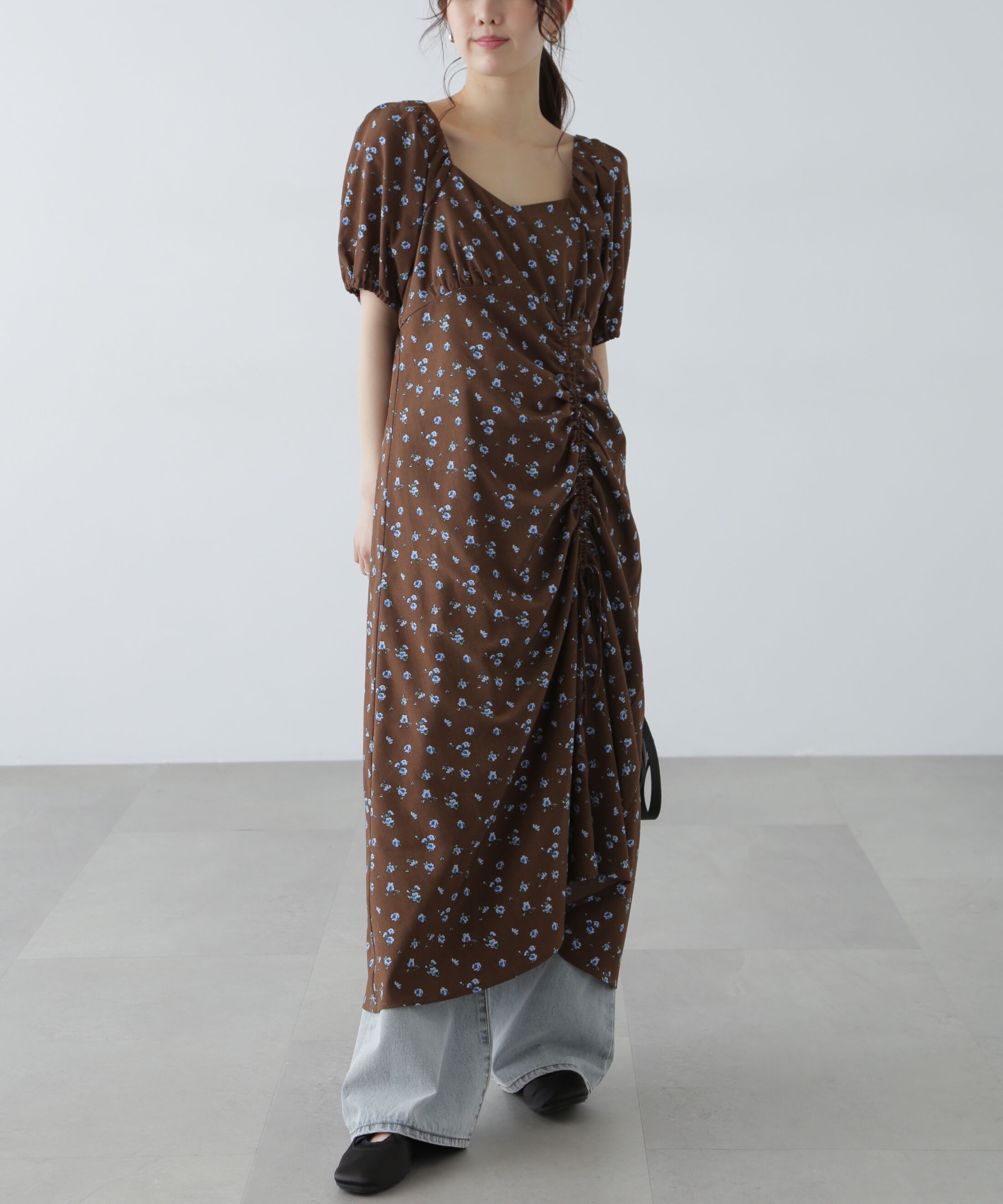  「フラワープリントパフスリーブワンピース」|ワンピース|ブラウン