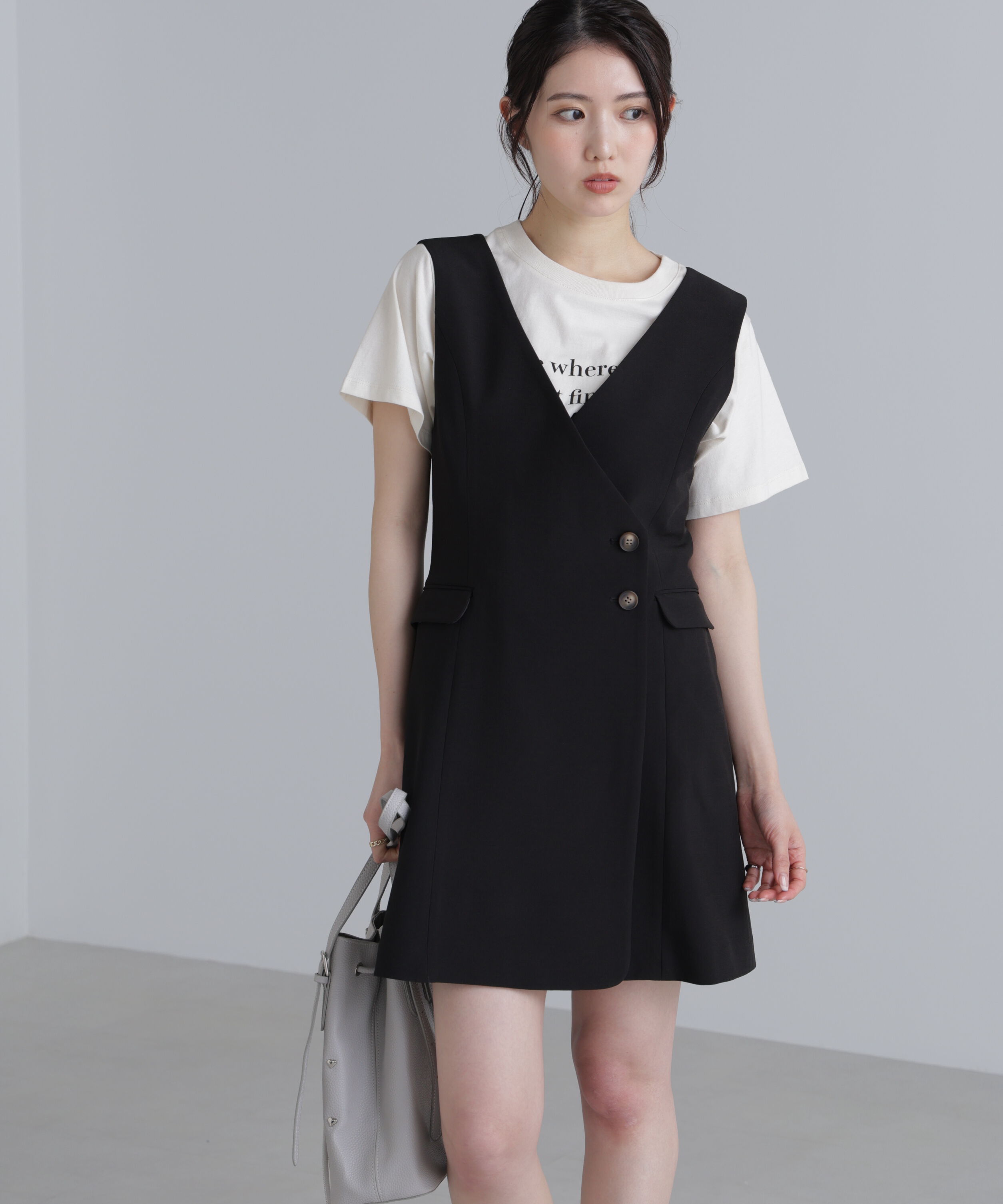  「ジレ風ラップミニジャンパースカート２」|ワンピース|