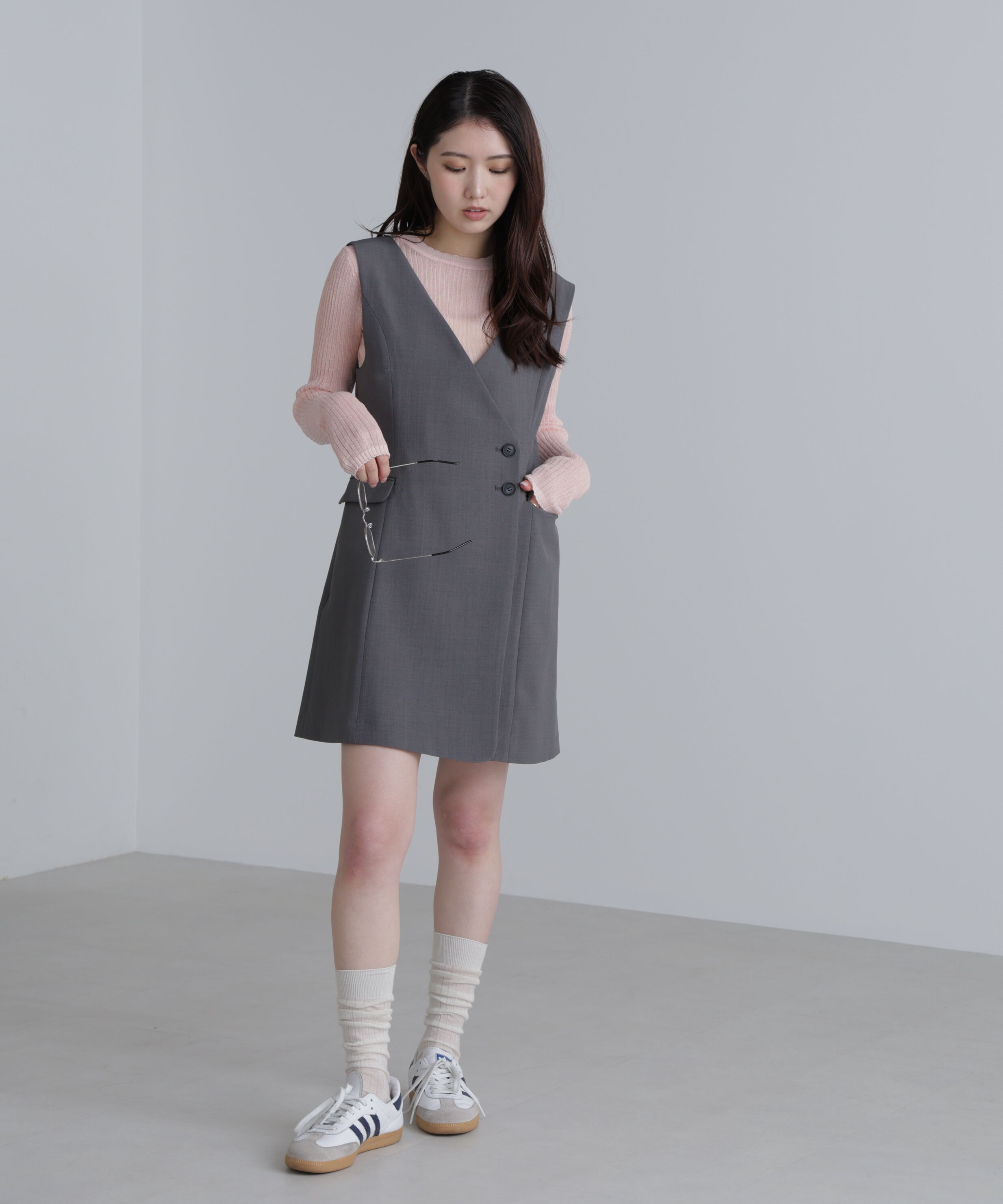  「ジレ風ラップミニジャンパースカート２」|ワンピース|