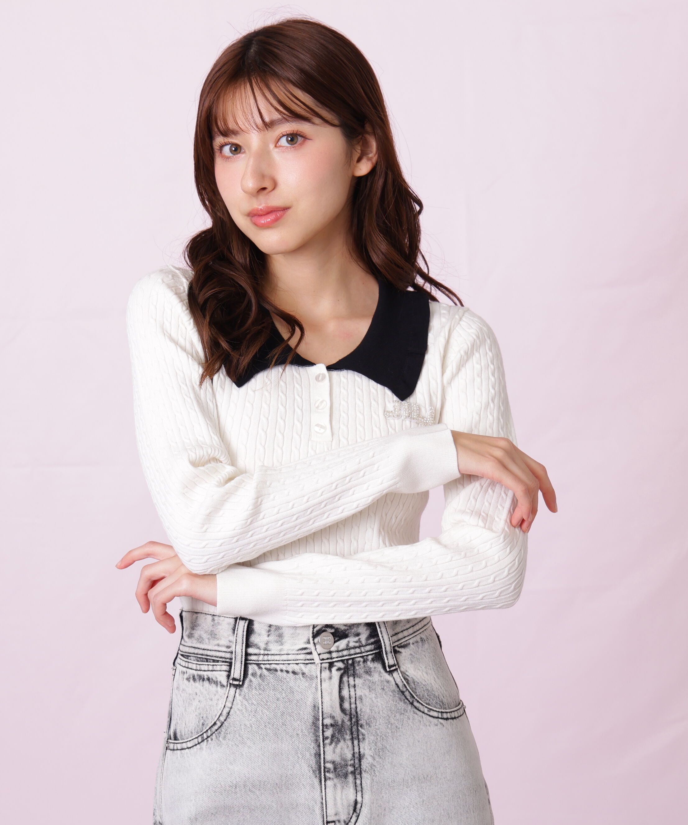  「ビジューロゴケーブルニット」|ニット・セーター|