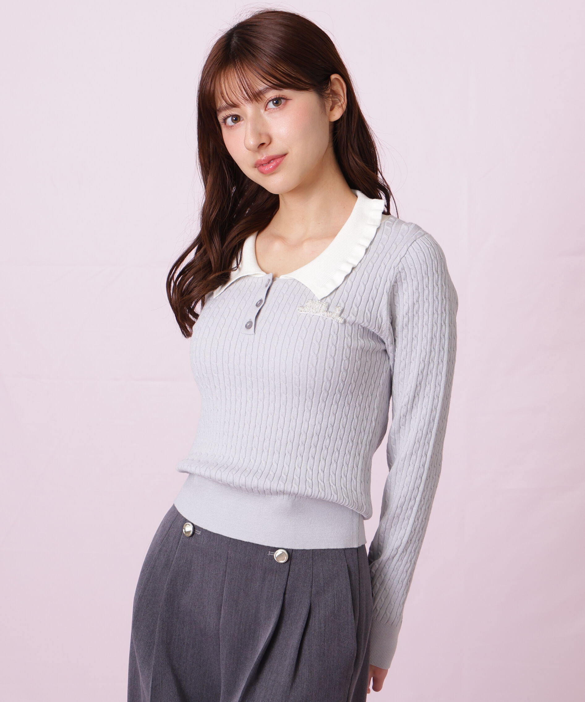  「ビジューロゴケーブルニット」|ニット・セーター|ブルー