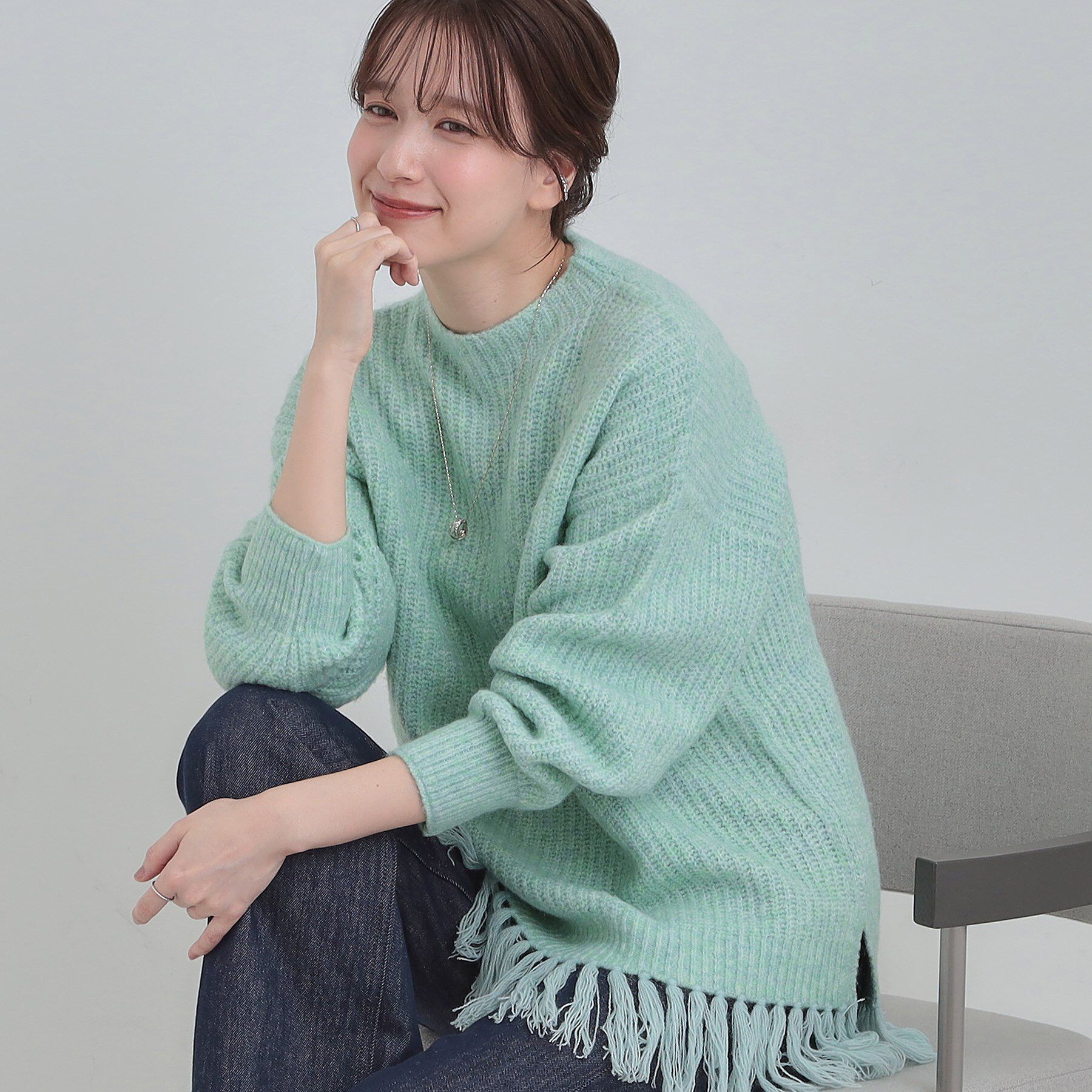 SHOO･LA･RUE「【S-LL】1枚で決まる 裾フリンジニット」|ニット・セーター|ライトグリーン(02