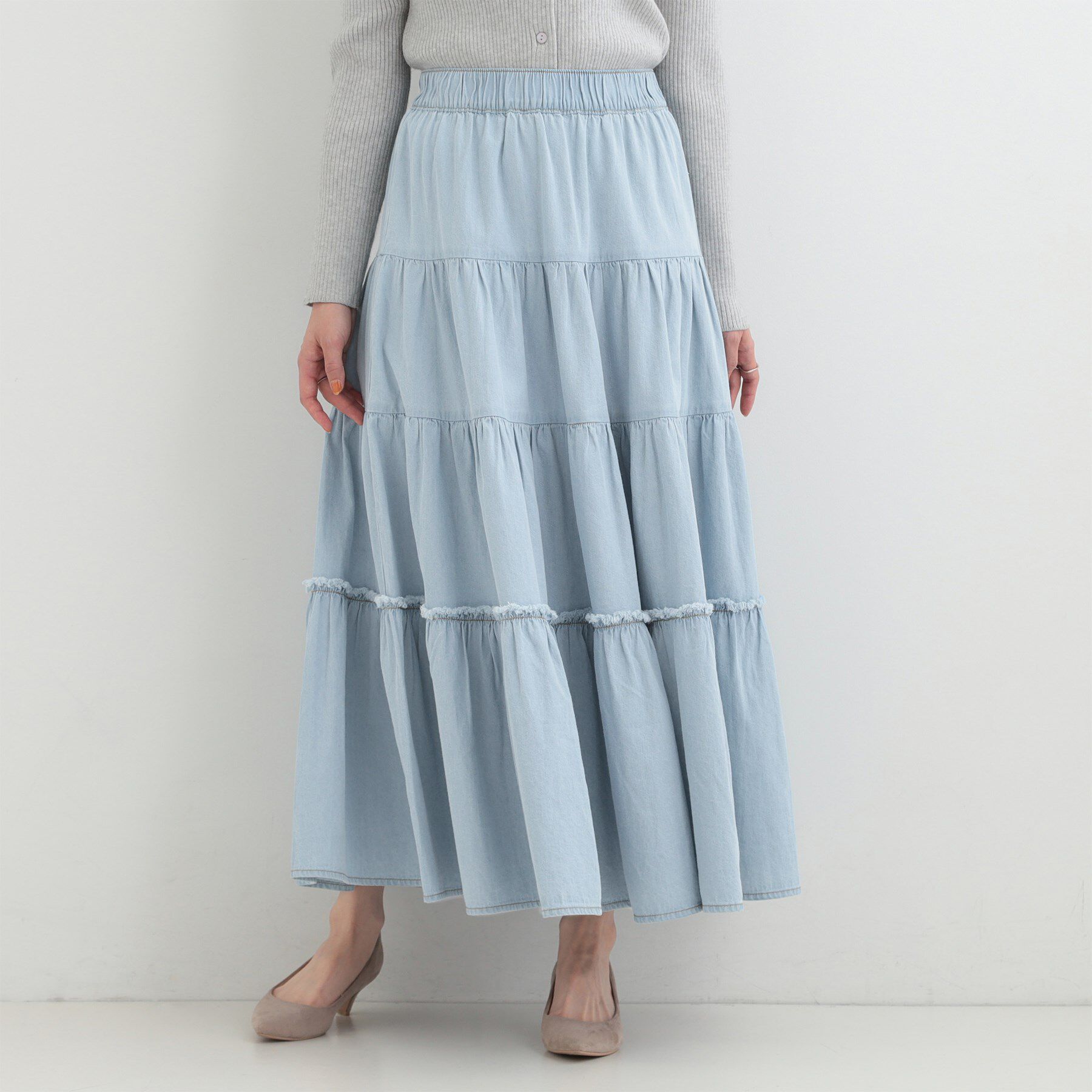 SHOO･LA･RUE「【ライトオンスデニム/S-LL】女性らしさをプラスする ティアードデニムロングスカート」|スカート|