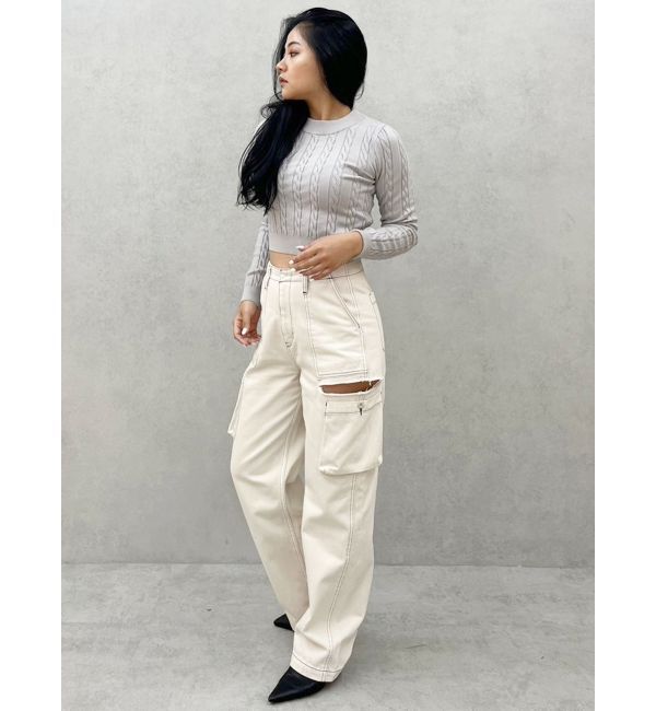 GYDA「ハイウエストSIDE RIPPEDカーゴワイドパンツ」|カーゴ|