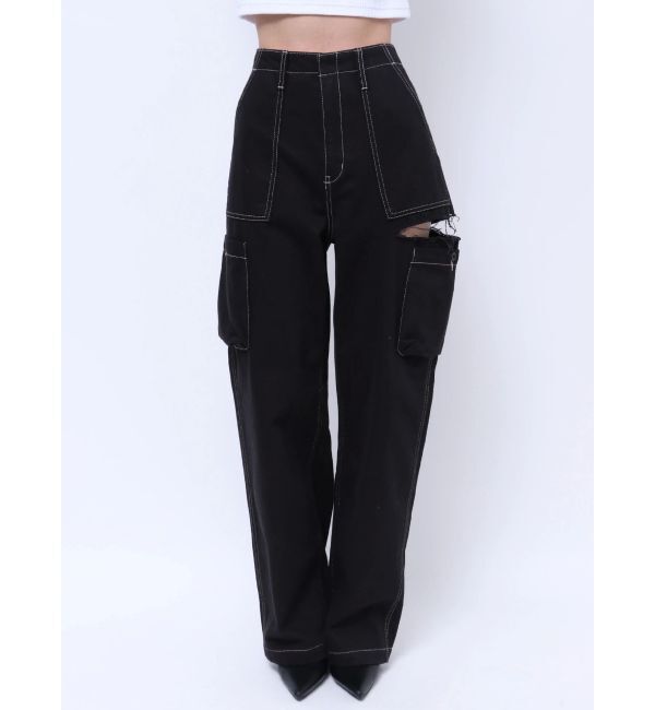 GYDA「ハイウエストSIDE RIPPEDカーゴワイドパンツ」|カーゴ|