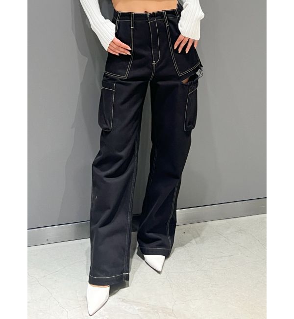 GYDA「ハイウエストSIDE RIPPEDカーゴワイドパンツ」|カーゴ|ブラック