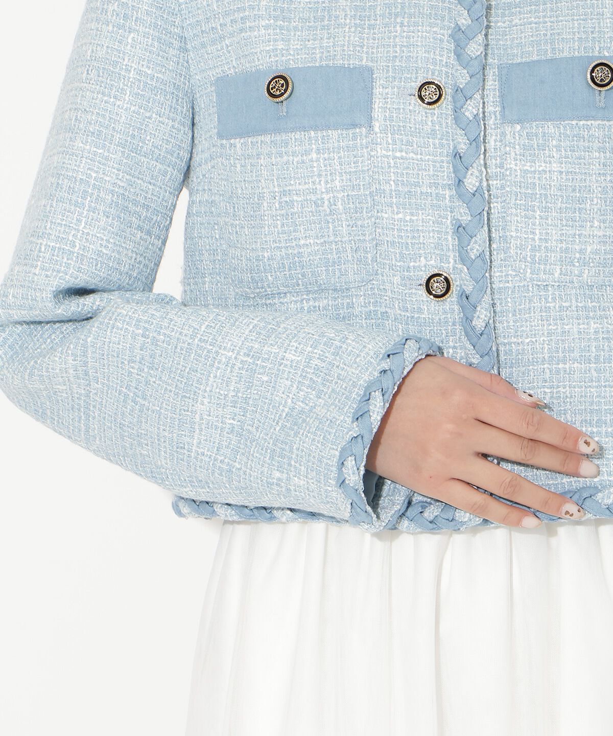 アンドクチュール「デニムコンビツイードジャケット」|ノーカラージャケット|