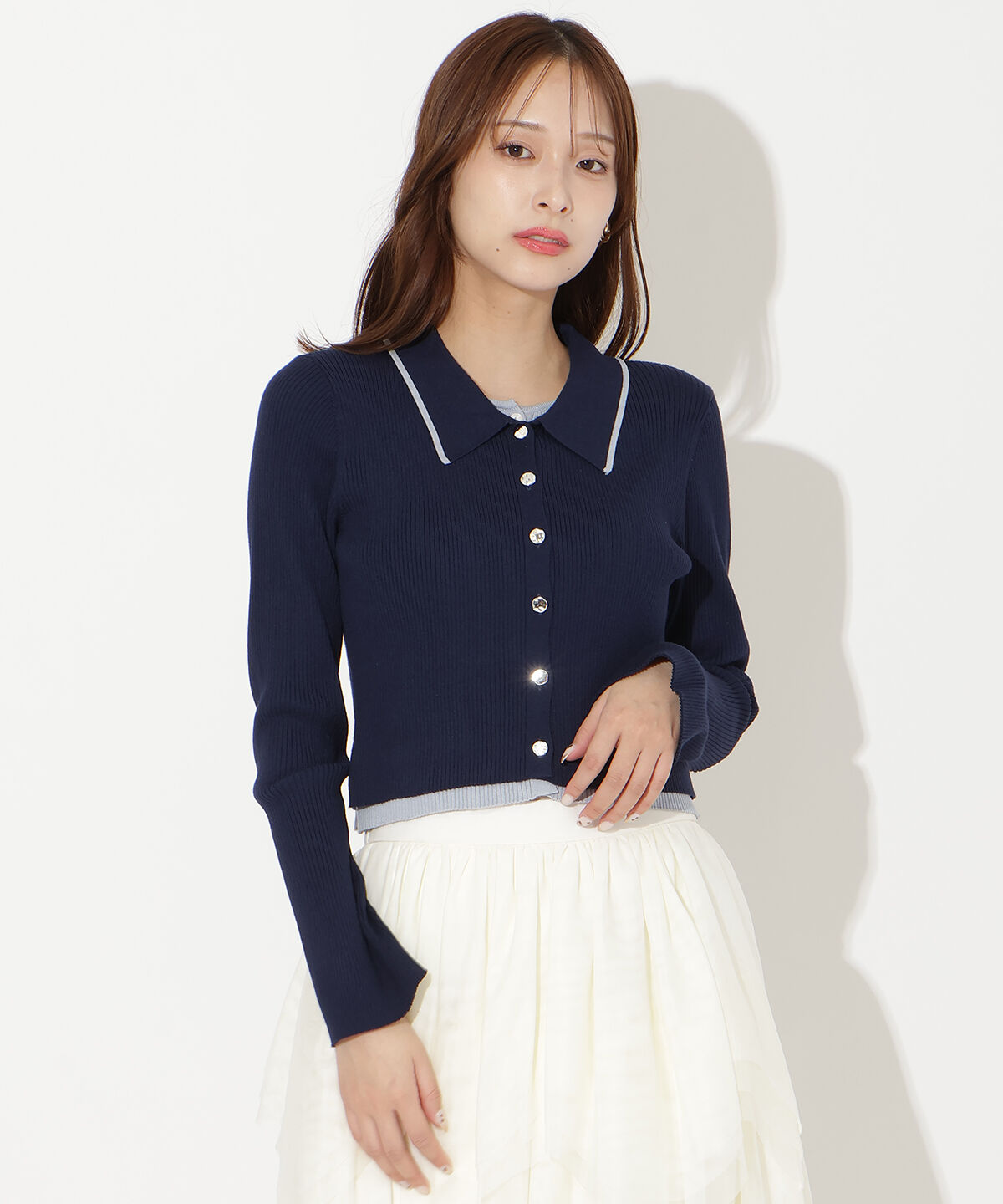 アンドクチュール「襟付きレイヤード風カーディガン」|カーディガン|ネイビー