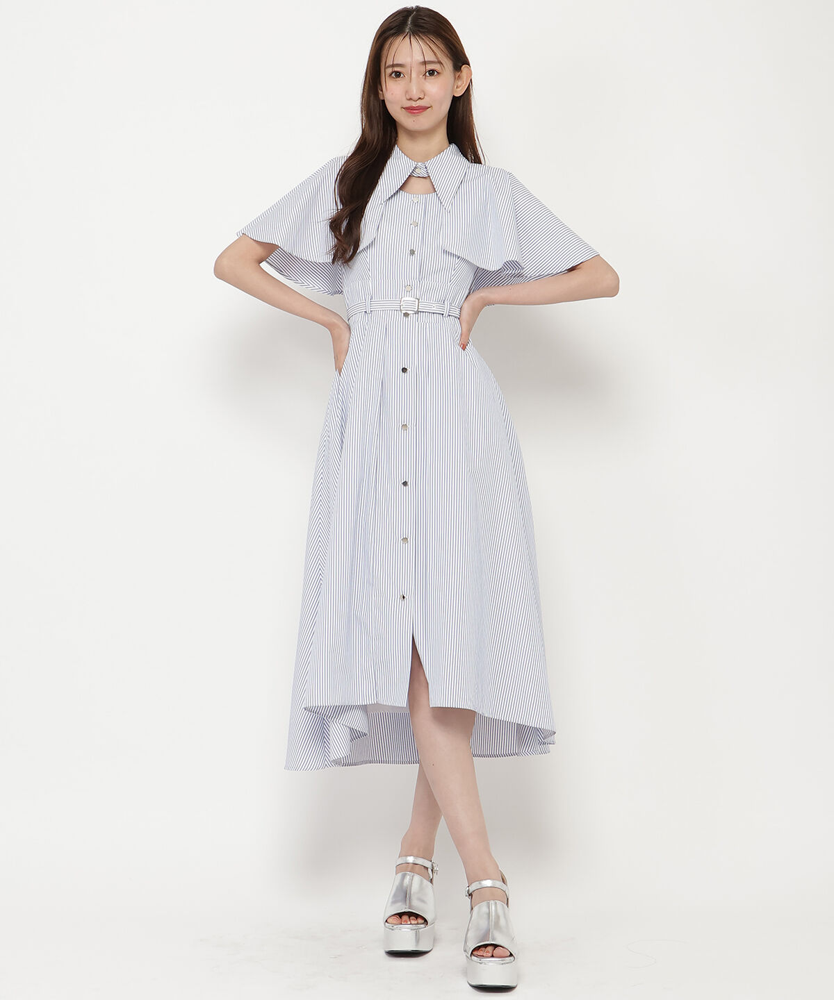 REDYAZEL「ケープフレアストライプワンピース」|ワンピース|ブルー