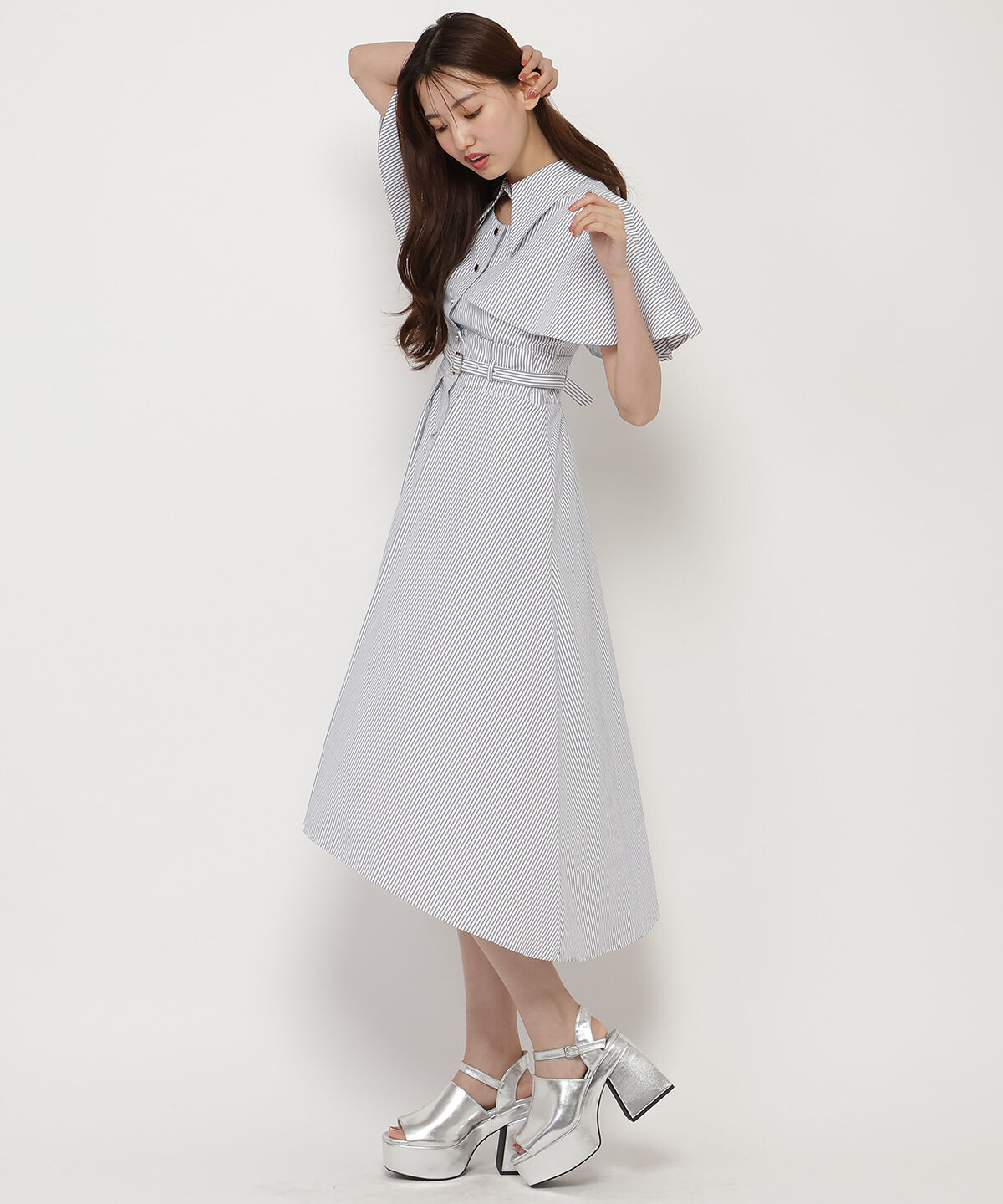 REDYAZEL「ケープフレアストライプワンピース」|ワンピース|