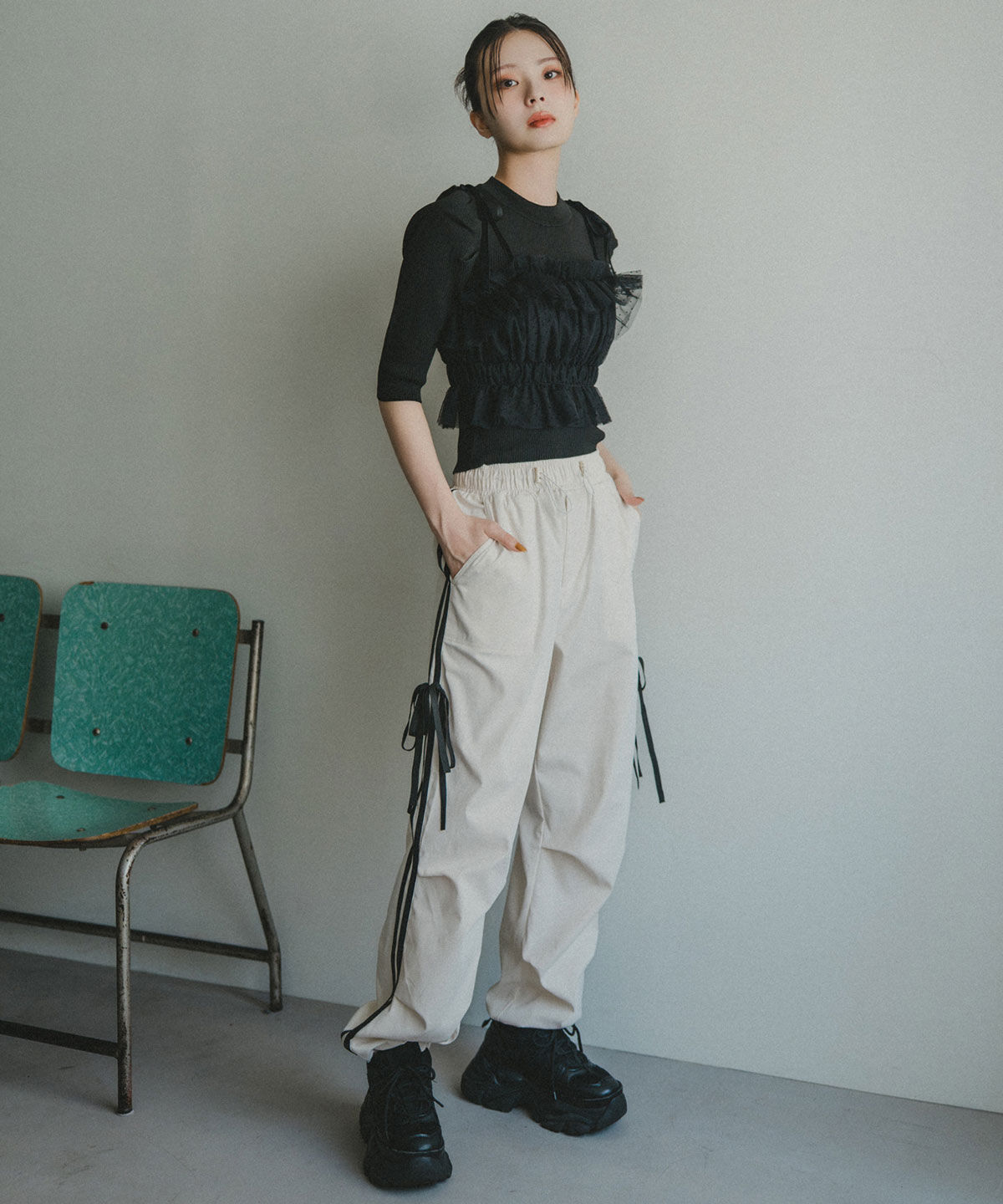 REDYAZEL「サイドリボンラインパラシュートパンツ」|その他|エクリュ