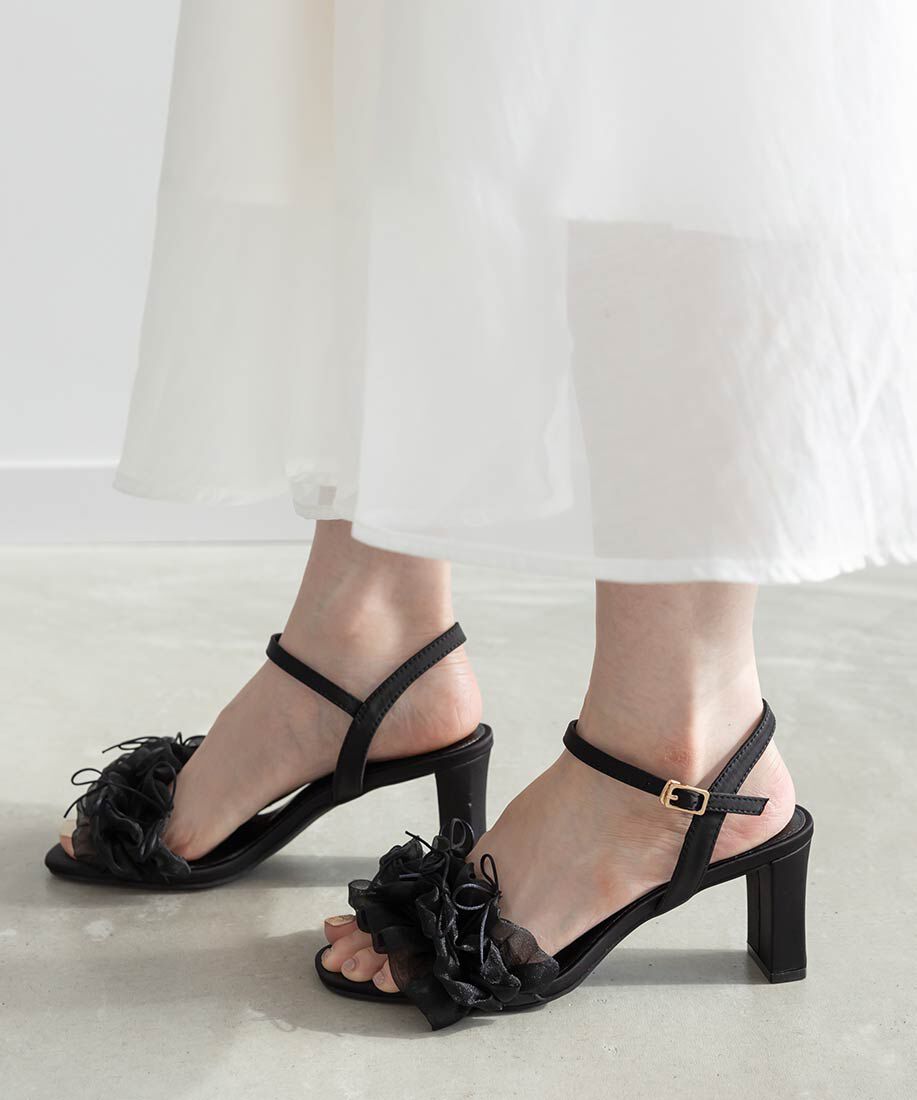  「ミニリボンフリルヒールサンダル」|サンダル|