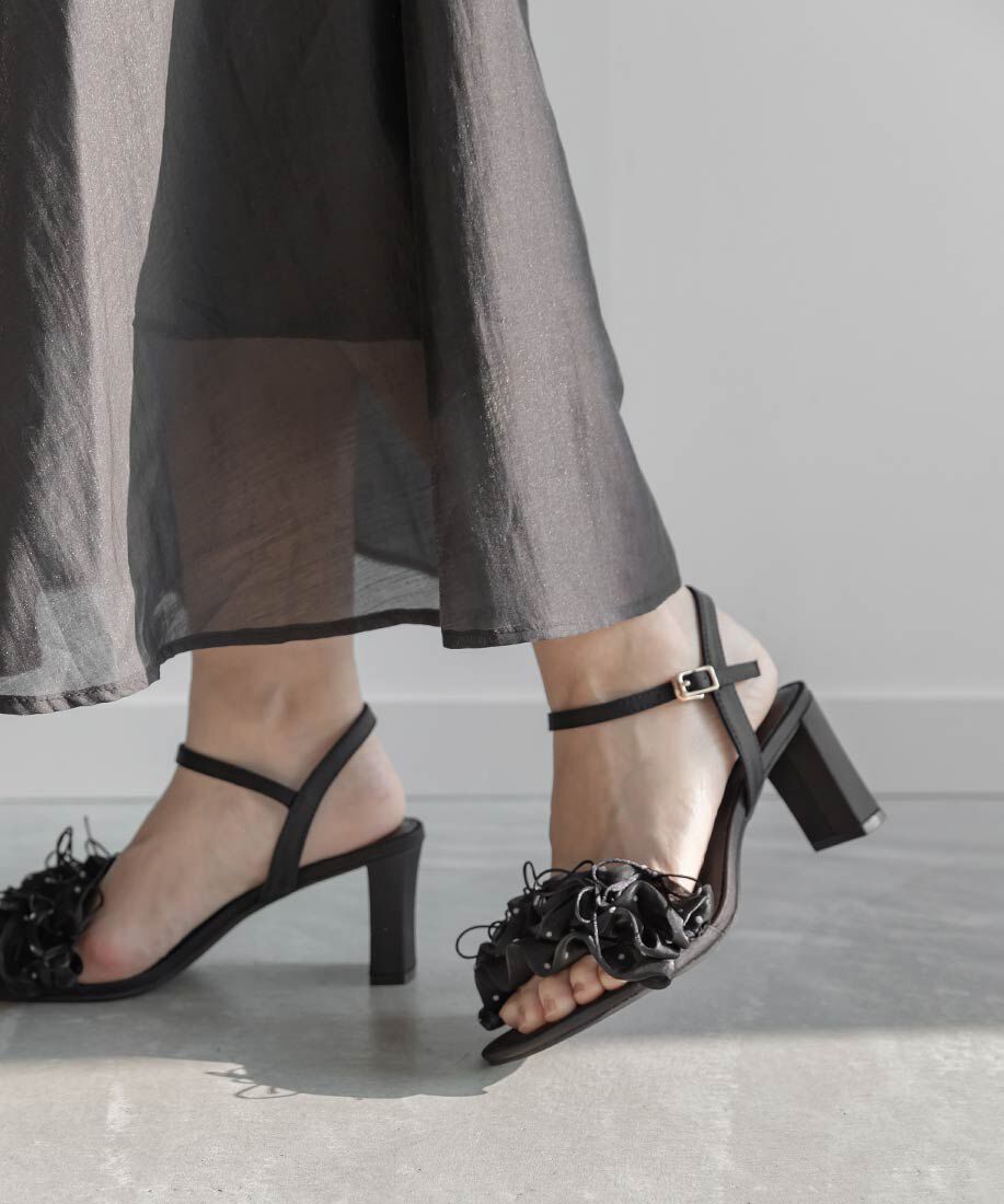  「ミニリボンフリルヒールサンダル」|サンダル|